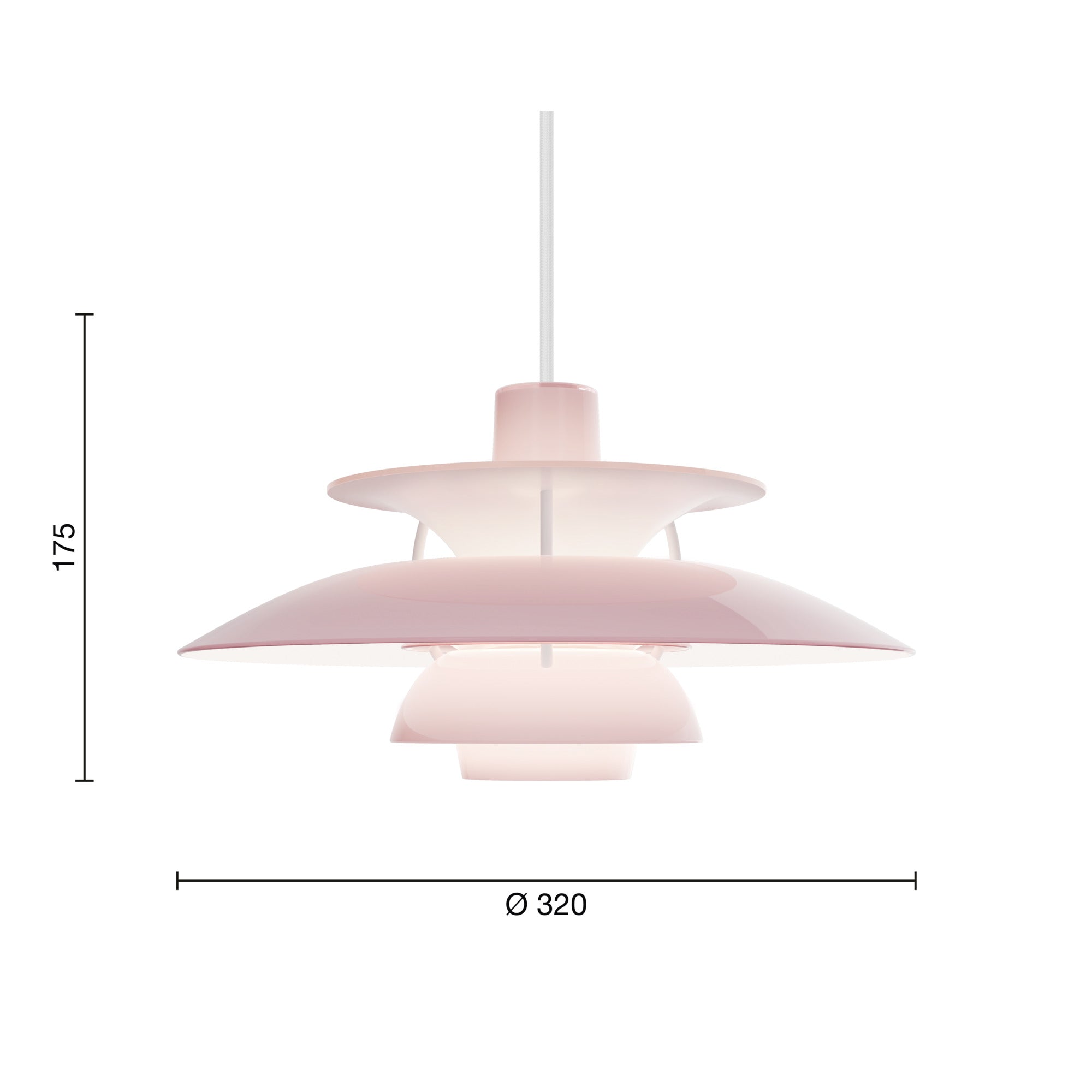 Mål på PH 5 Ø320 Opal Pale Rose pendel