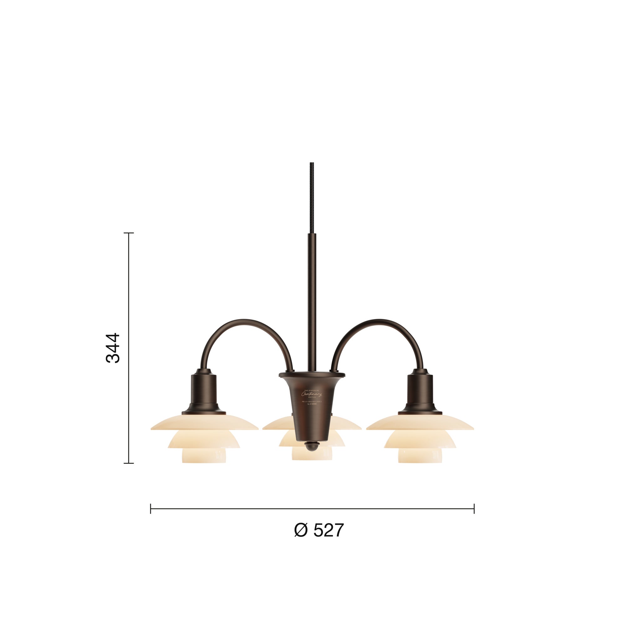 Mål på PH 1/1 Centenary Edition Aged Brass/Dusty Terracotta 3-armet lysekrone