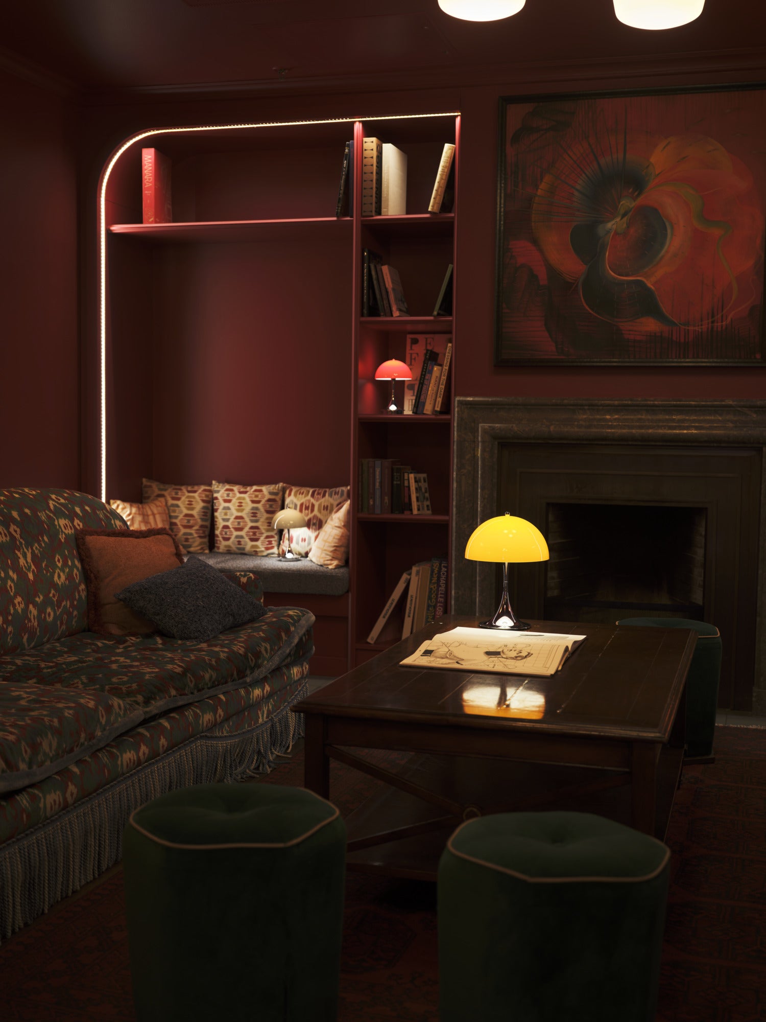 Panthella 250 Portable Lampe Original Opal Orange tændt i læsehjørnet