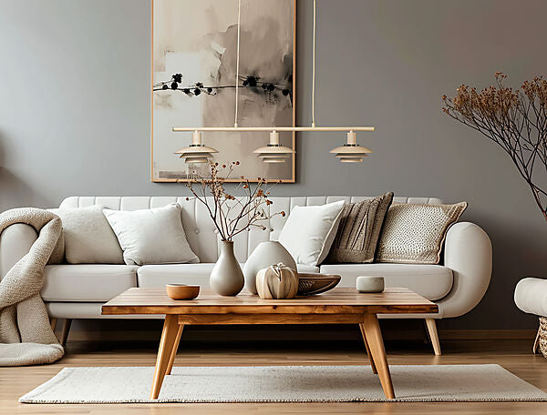 Den æstetiske Epsilon 3L Pendel i Beige hængt op over sofabordet