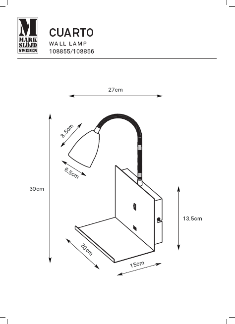 Mål på Cuarto Væglampe Hvid med USB og hylde