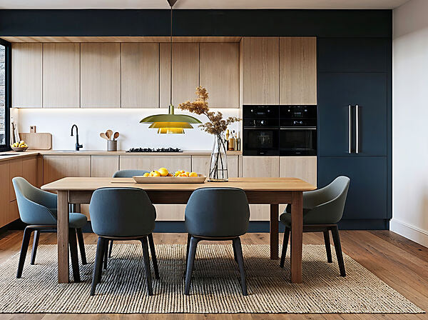 Den unikke designet Epsilon Ø45 Pendel i Mat Messing hængt op over spisebordet