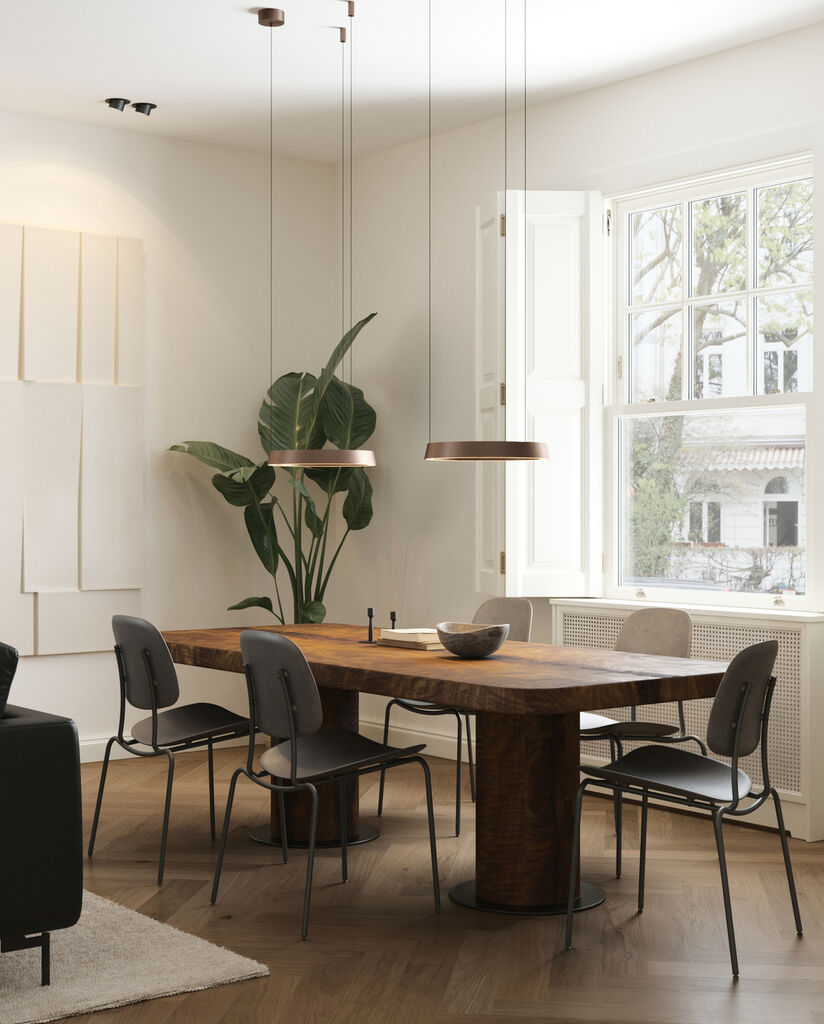 Edge Round Ø400 2700/3000K LED Switch Tune Rose Gold duo i stuen over spisebordet