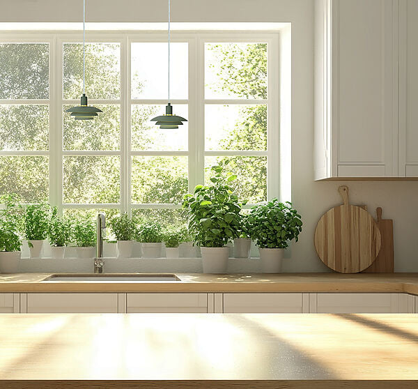 Den elegante Epsilon Ø20 Pendel i Grøn hængt op i køkkenet for dens behagelige belysning