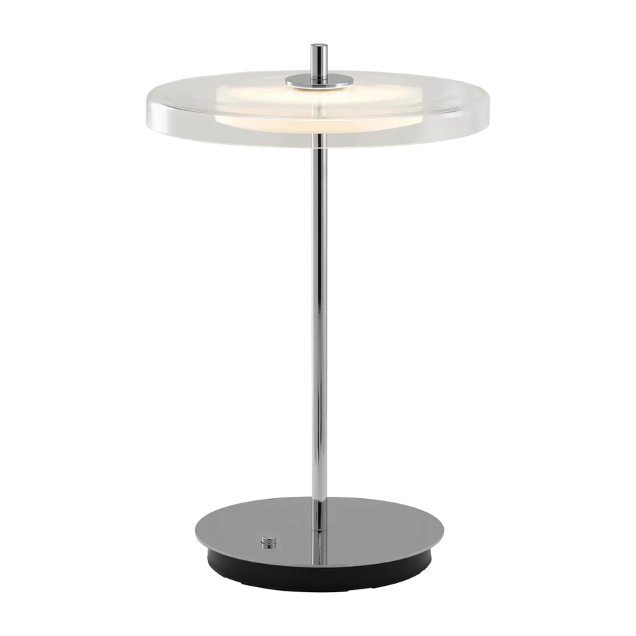 Asteria Glass Move Polished Steel Bordlampe tændt
