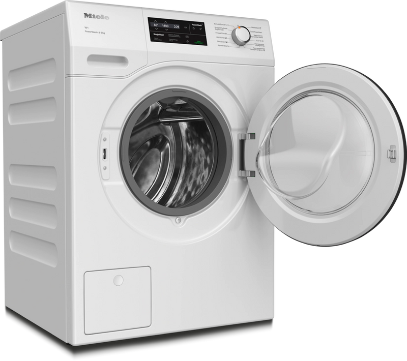 Hvid Miele vaskemaskine med åben låge