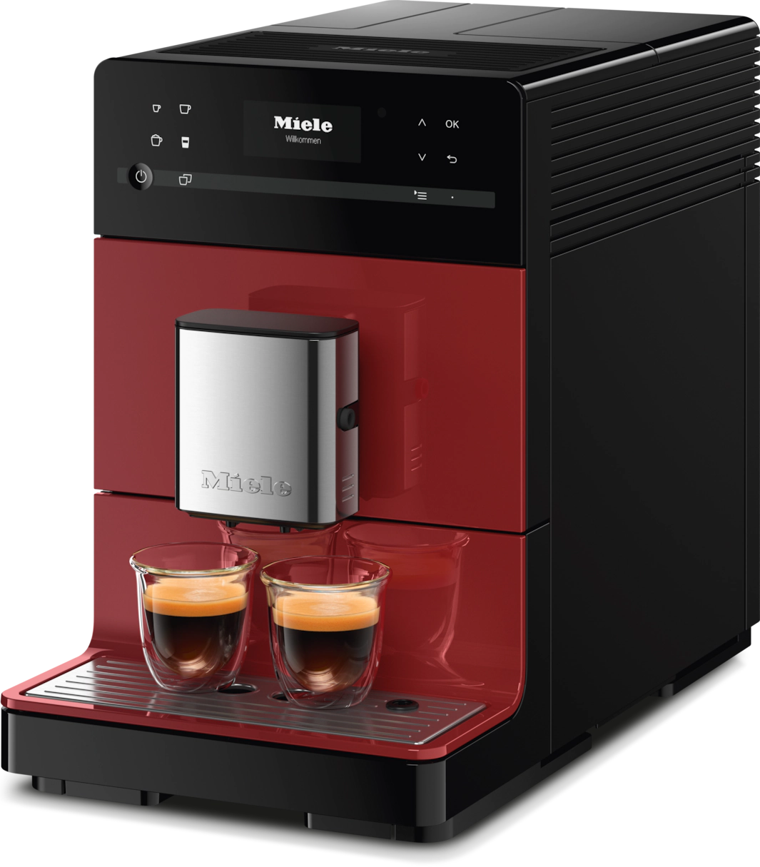 Sort og rød Miele espressomaskine, fritstående