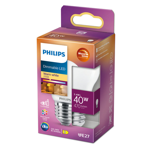 Philips LED Krone 3,4W 470lm 2700K E27 WGD CRI90 Glas Mat Dæmpbar