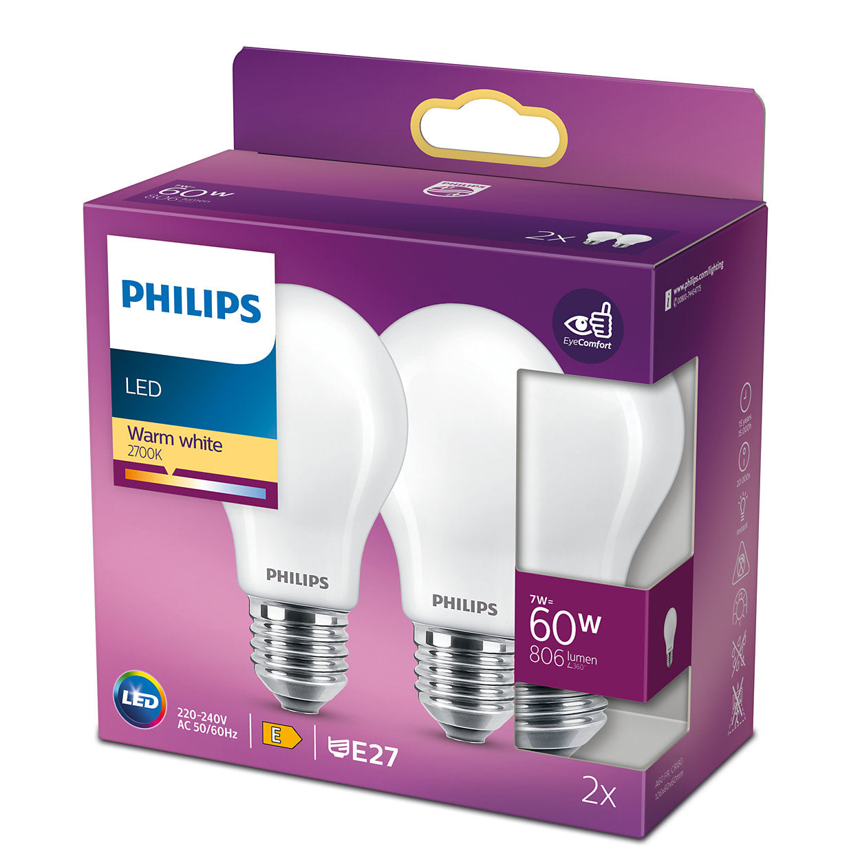 Philips LED Standard 7W 806lm 2700K 2-pak Mat
