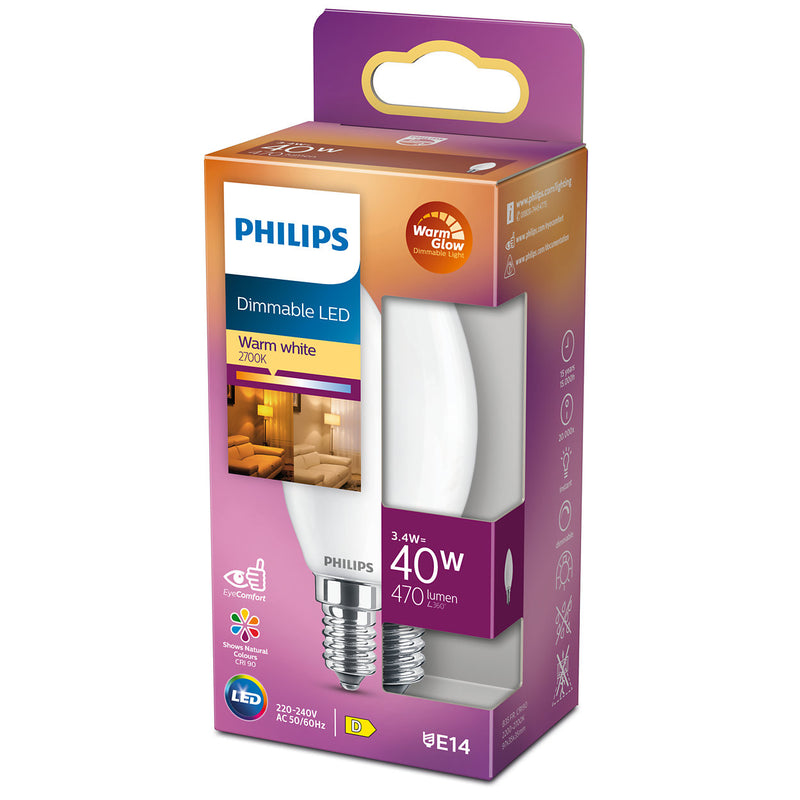 Philips LED Kerte 3,4W 470lm 2700K E14 WGD CRI90 Glas Mat Dæmpbar