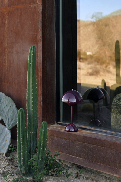 Flowerpot bordlampe udenfor sammen med en kaktus