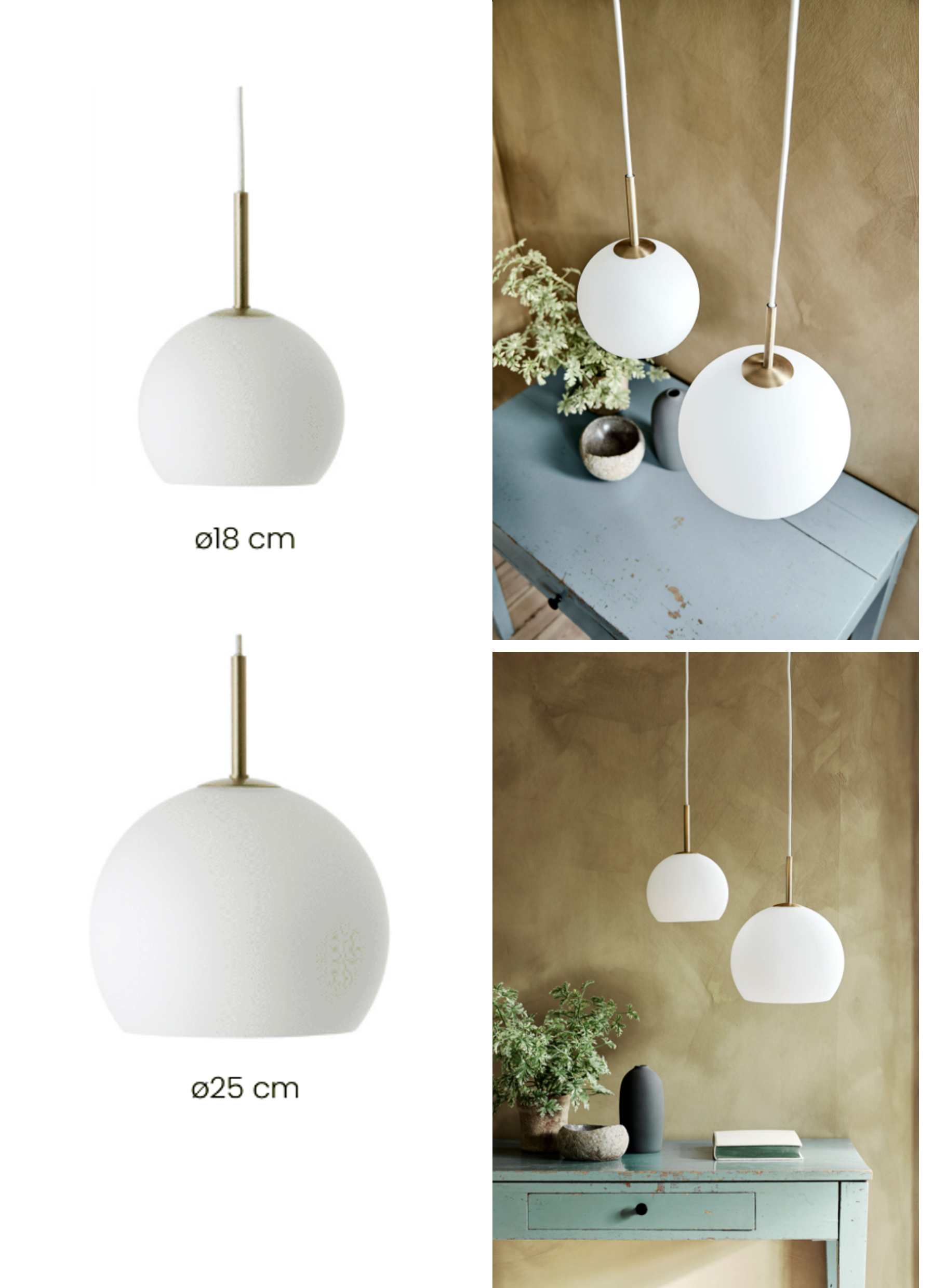 Frandsen - Ball Pendel Ø25, Matt Hvid m. Antik Messing Top  - DEMO